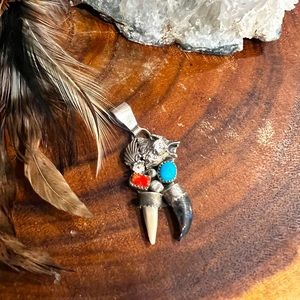 Turquoise and coral bear pendant